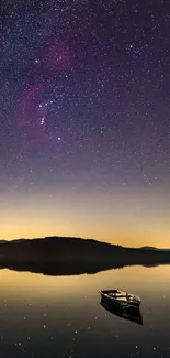 Starry night sky reflecting in a tranquil lake with a distant horizon.