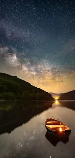 Boat on a serene lake under a starry night sky, reflecting cosmic beauty.