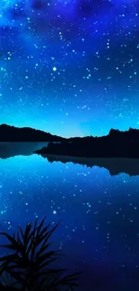 Starry night sky reflecting on a serene lake.