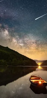 Starry night sky over calm lake with illuminated boat.