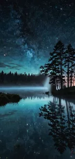 Starry night sky reflects on a serene lake with silhouetted trees.