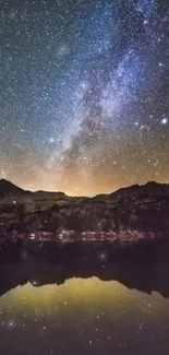 Starry night sky reflecting on a tranquil lake with mountains.