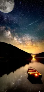 Starry night over a lake with a glowing boat and full moon.