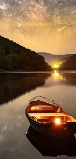 A serene lake with a starry night sky, Milky Way, and illuminated boat reflection.