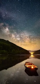 Starry night sky reflecting on a tranquil lake.