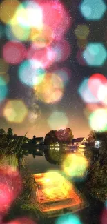 Starry night over a lake with a glowing boat and red heart.