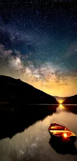 Starry night over a lake with a glowing boat and calm water reflection.