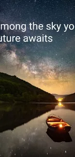 Peaceful starry night sky with a calm lake reflecting the stars and glowing boat.