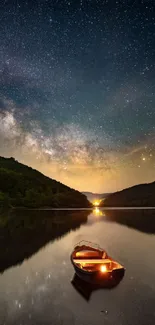 Serene starry night over a tranquil lake with illuminated boat.