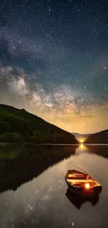 Boat on a calm lake beneath a starry night sky.