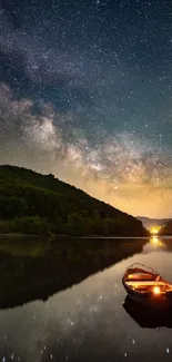 A serene lake with a glowing boat under a starry night sky and Milky Way.