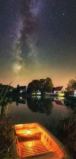 Starry night sky over lake with glowing boat.