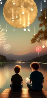 Two kids by a lake under a moonlit night with fireworks overhead.