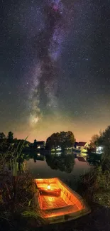 Glowing boat on a lake under a starry Milky Way sky.