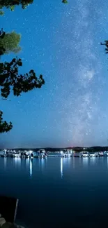 Beautiful starry night sky over a tranquil lake reflecting the serene, calm scene.