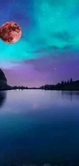 Starry sky with red moon over tranquil lake.