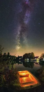 Starry night sky over a calm lake with a glowing boat.