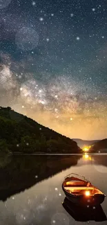 A boat on a lake under a starry night sky.