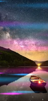 Starry night sky over tranquil lake with boat in serene setting.