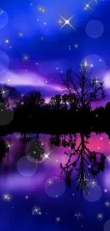 Starry night lake with reflections and serene silhouette in vibrant colors.