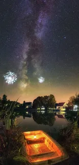 A serene starry night lake with fireworks and glowing boat.