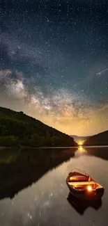 Boat on tranquil lake under starry night sky.