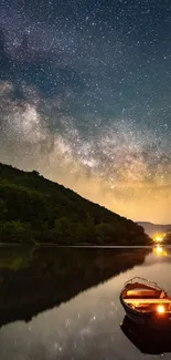 A tranquil night scene with a starry sky and a glowing boat on a serene lake.