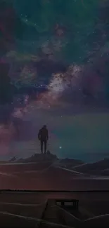 Silhouette under a colorful galaxy sky.