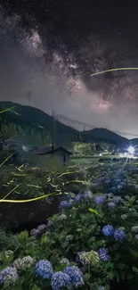 Starry night over mountains with blooming hydrangeas.