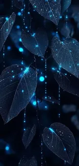 Glowing leaves with blue accents on a serene night.