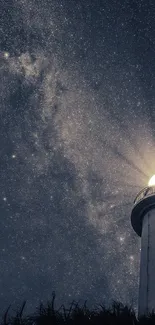 Lighthouse illuminated under a starry night sky.