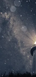 Lighthouse under a starry night sky with glowing beacon and cosmic view.