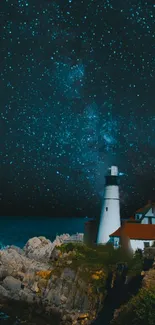 Lighthouse by the ocean under a starry night sky, with dark blue and orange hues.