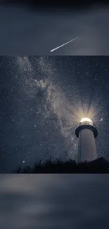 Lighthouse under a vast starry night sky with shooting star.