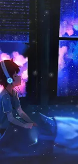 Boy with headphones gazing at starry night sky through window.