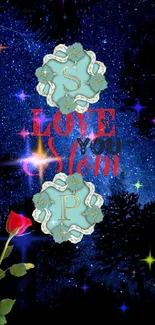 Starry night wallpaper with 'Love You Mom' text, floral designs, and a red rose.