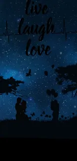 Romantic silhouette under starry night sky with 'live laugh love' quote.