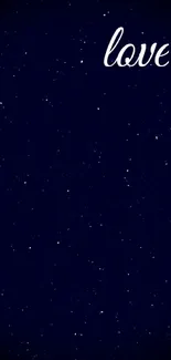 Romantic starry night wallpaper with 'love' text in a deep blue galaxy.