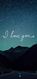 Romantic night sky wallpaper with 'I love you' text over mountains.