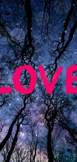 Starry night wallpaper with pink 'LOVE' text and silhouetted trees.