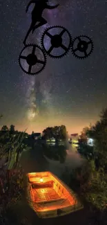 Night sky with gears and riverboat under stars.