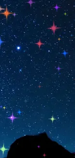 Colorful starry night wallpaper with vibrant stars on a deep blue sky.