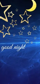 Blue night sky wallpaper with golden stars and crescent moon.