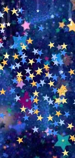 Vibrant starry night wallpaper with colorful stars on a deep blue background.