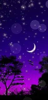 Mobile wallpaper of a starry night with a crescent moon and tree silhouettes.