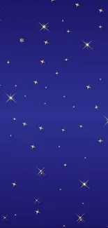 Starry night wallpaper with golden stars and deep blue background.