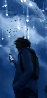 Silhouette figure with phone under starry night sky.