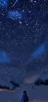 Illustration of a night sky with stars and a person gazing upwards.