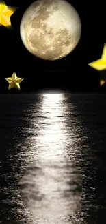 Starry night with moon reflecting on the sea, surrounded by bright stars.