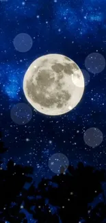 Mobile wallpaper of a full moon and starry night sky with dark silhouettes.